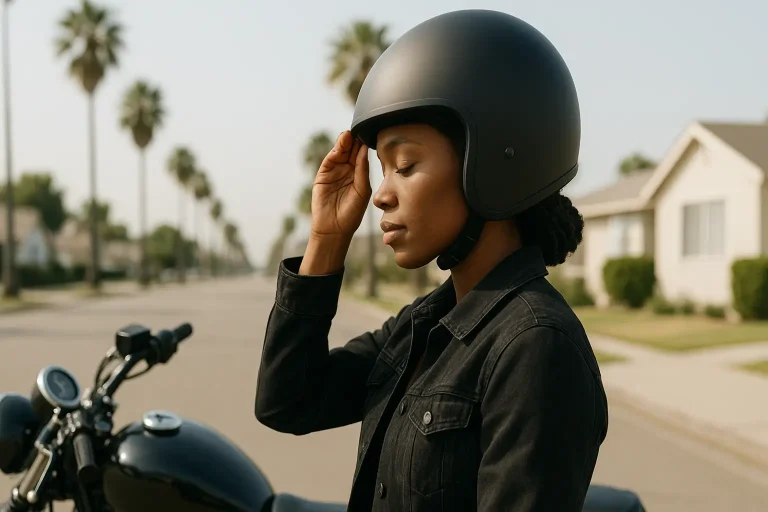 curly hair under a motorcycle helmet