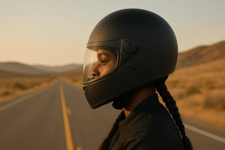 motorcycle helmet and long braids